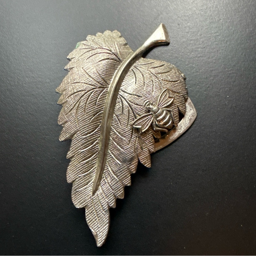 Vintage Silver Leaf Brooch with Bee Accent